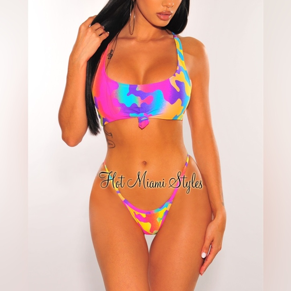 Hot Miami Styles Women’s Multi Color Bright Camo Bikini Excellent Conition